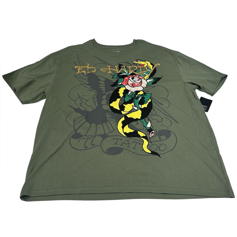 Ed Hardy Men’s T Shirt Snake Print Green Size XL NWT